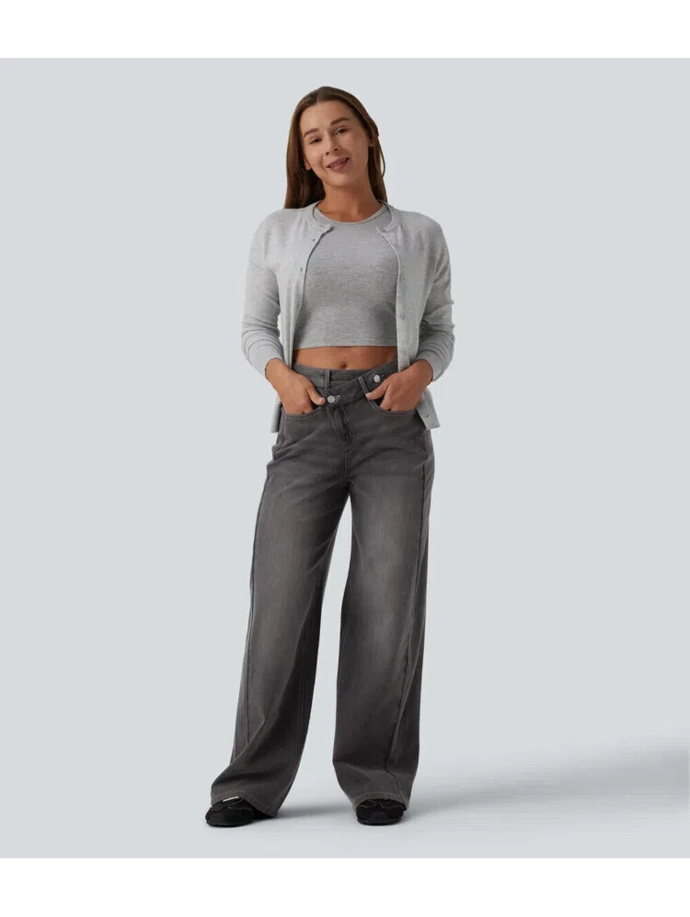 Halara Flex Asymmetric High Waisted Baggy Jeans Womens L Black Washed Pockets